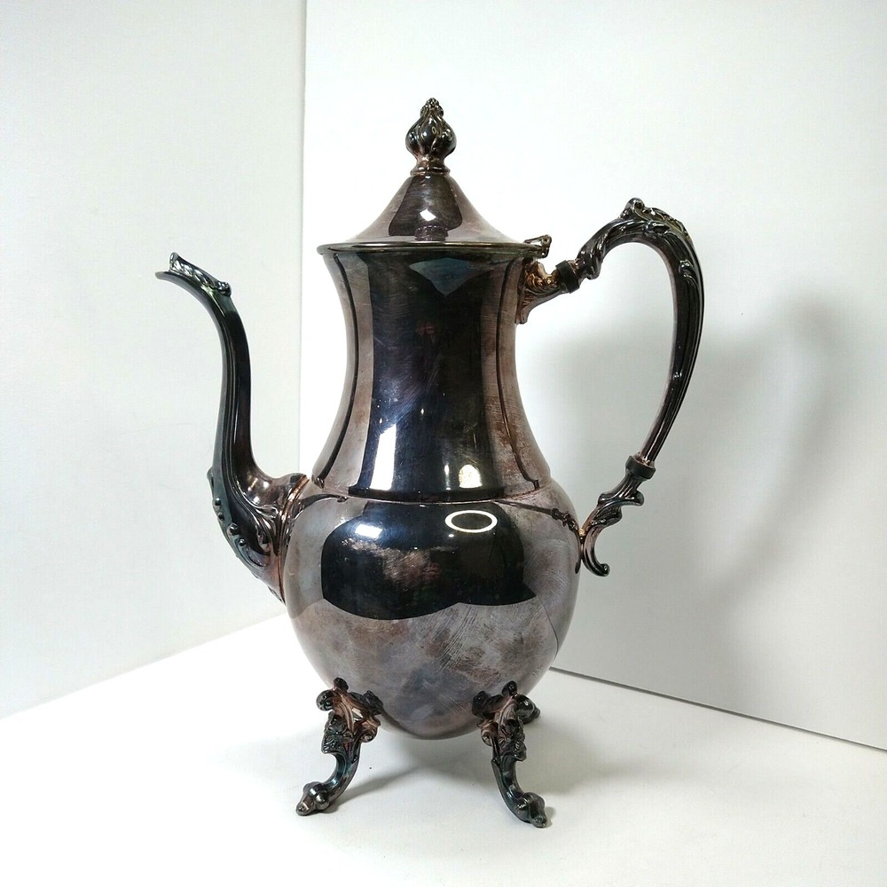 Art Deco Sheridan Silver on Copper Teapot Vtg Footed 12" Tall Coffee Tea‎